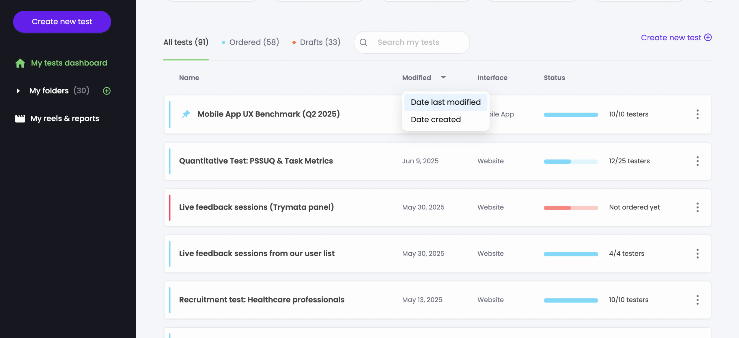 Trymata dashboard - sorting tests by modified date vs created date