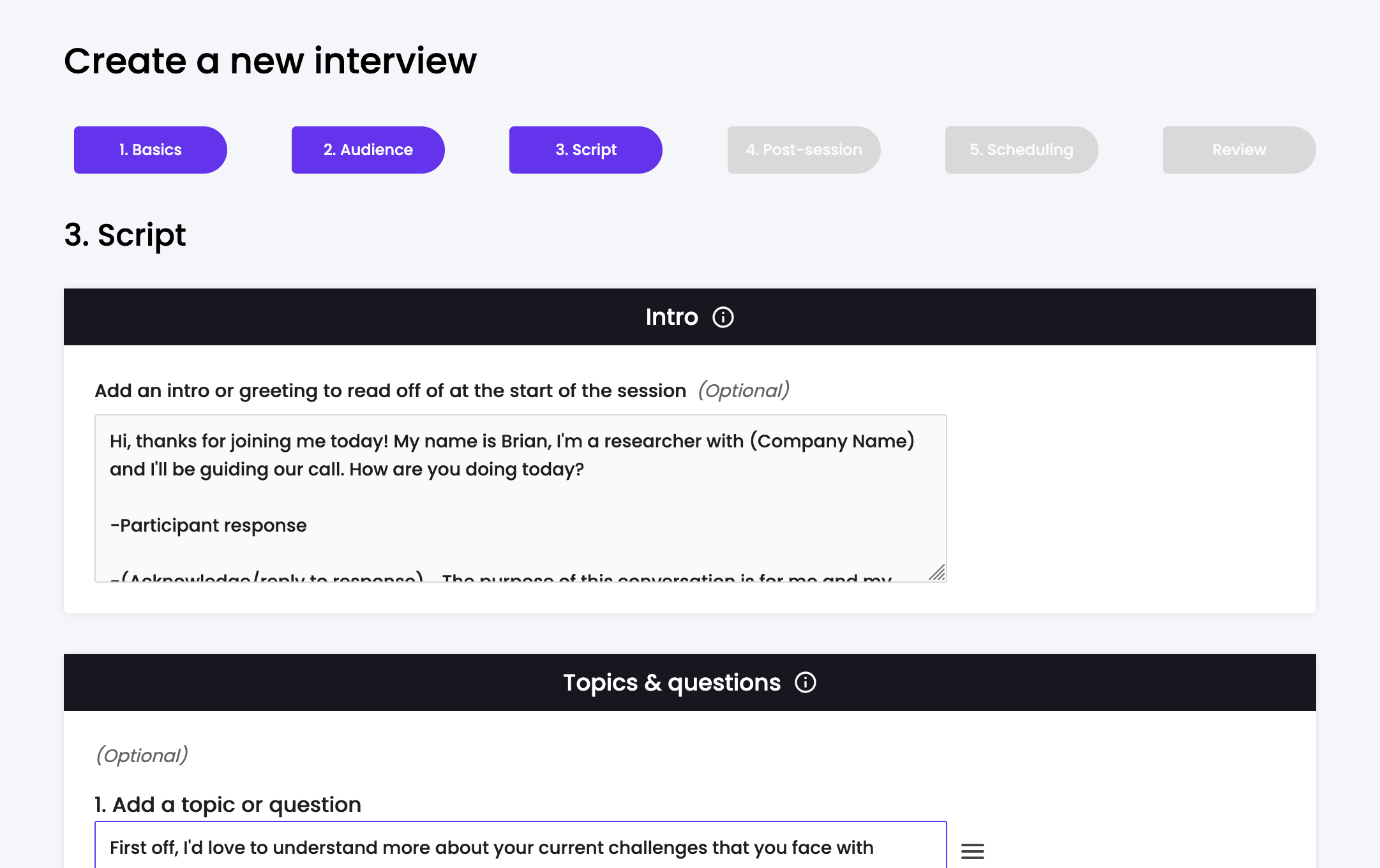 Advanced IDI interview setup form