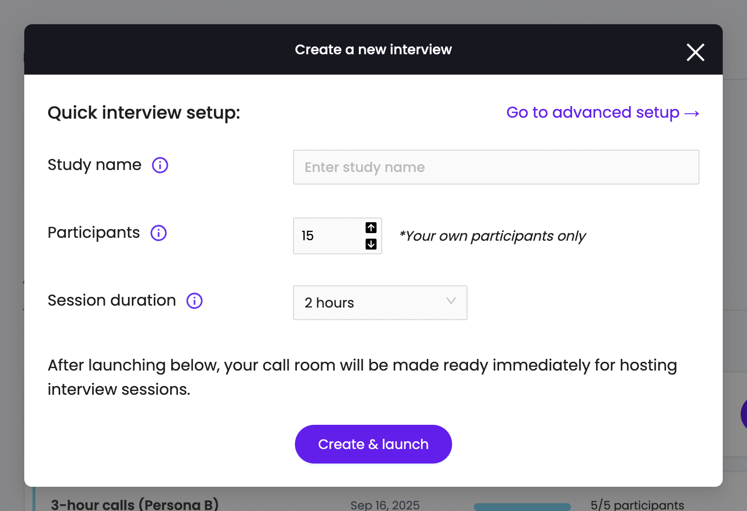 Quick interview setup form
