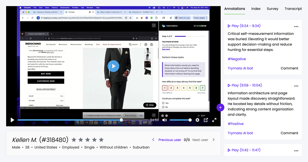 Automatic AI annotations for Trymata user test videos