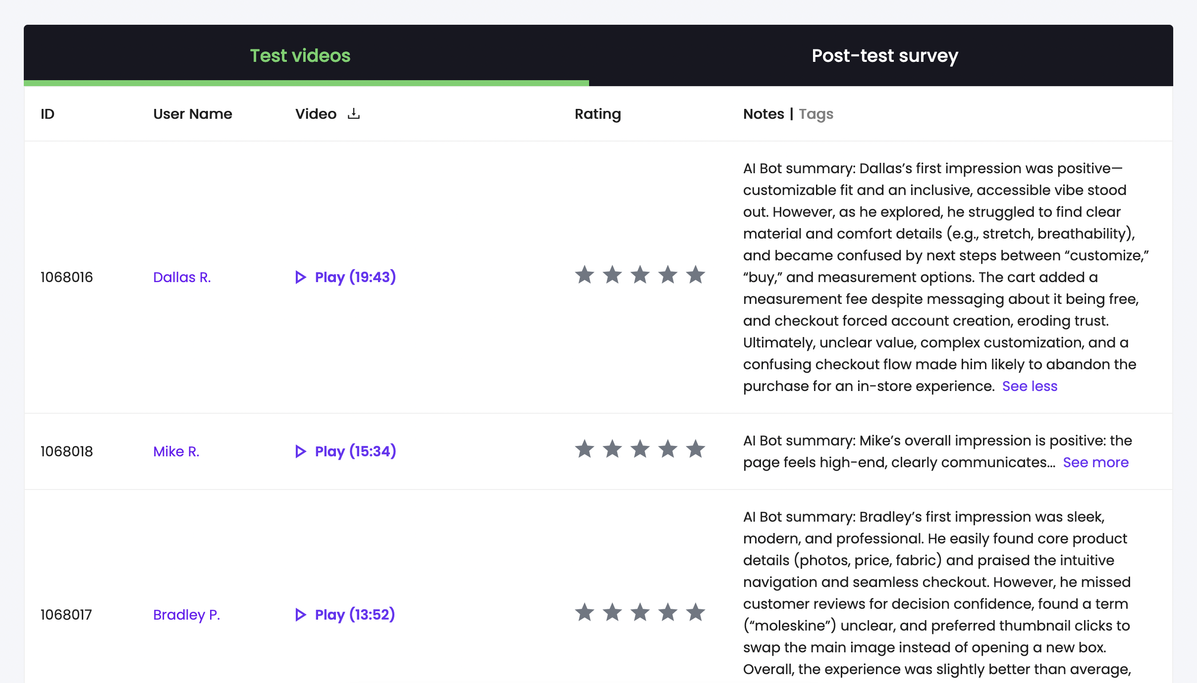AI-powered summaries for Trymata user test videos