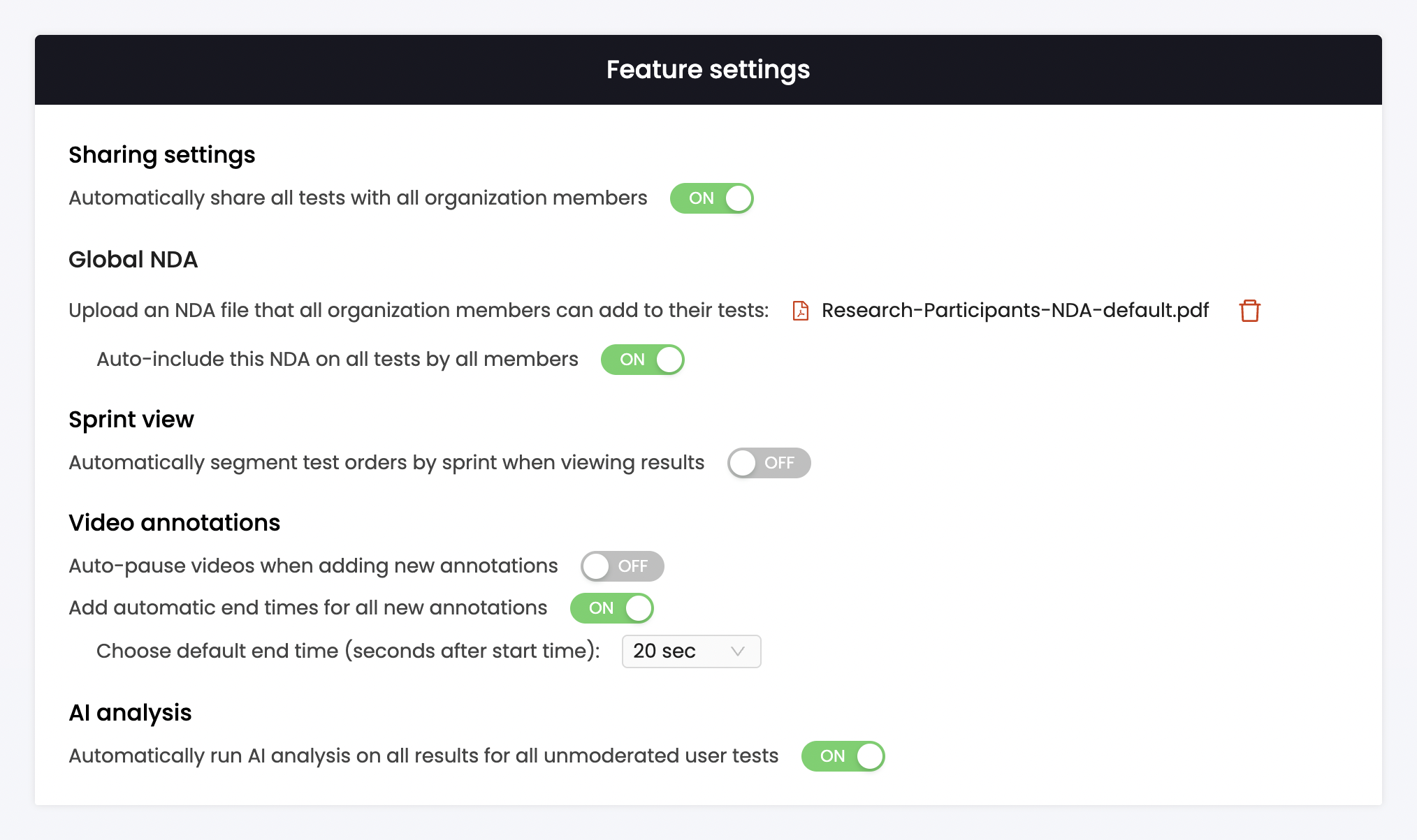 Trymata organizational feature settings