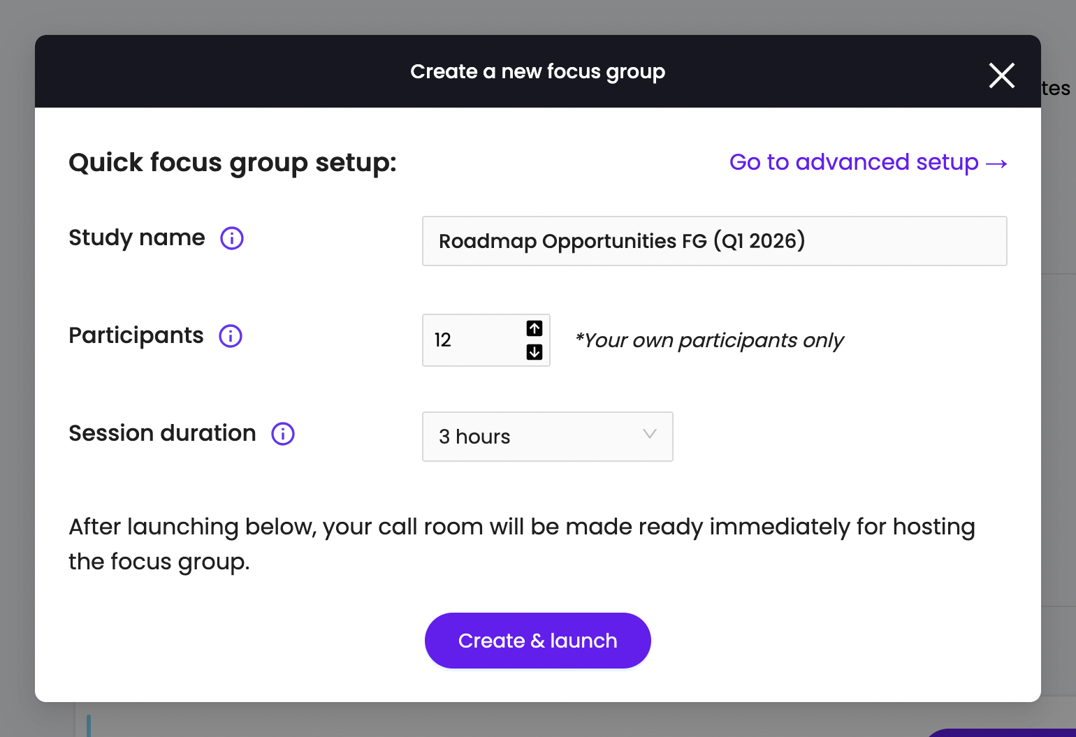 Trymata focus groups quick setup form